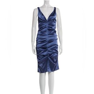 NWT Xscape Elegant holiday party dress Navy Blue silky satin christmas event